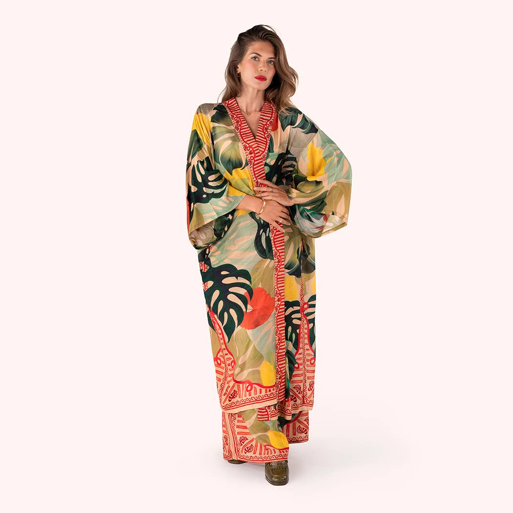 Green *SS26* Kimono Gown - Exotic Leaves for wholesale on Faire2