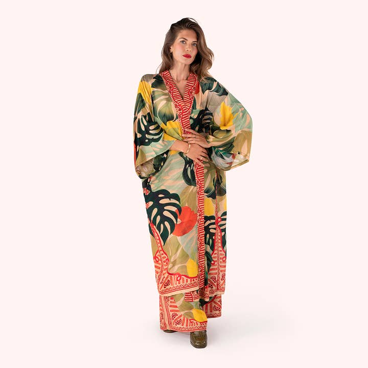 Green *SS26* Kimono Gown - Exotic Leaves for wholesale on Faire2