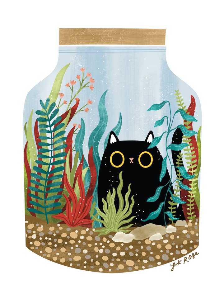 Black Cat & Plants terrarium art print - cute art print for wholesale by Paper Cat Club