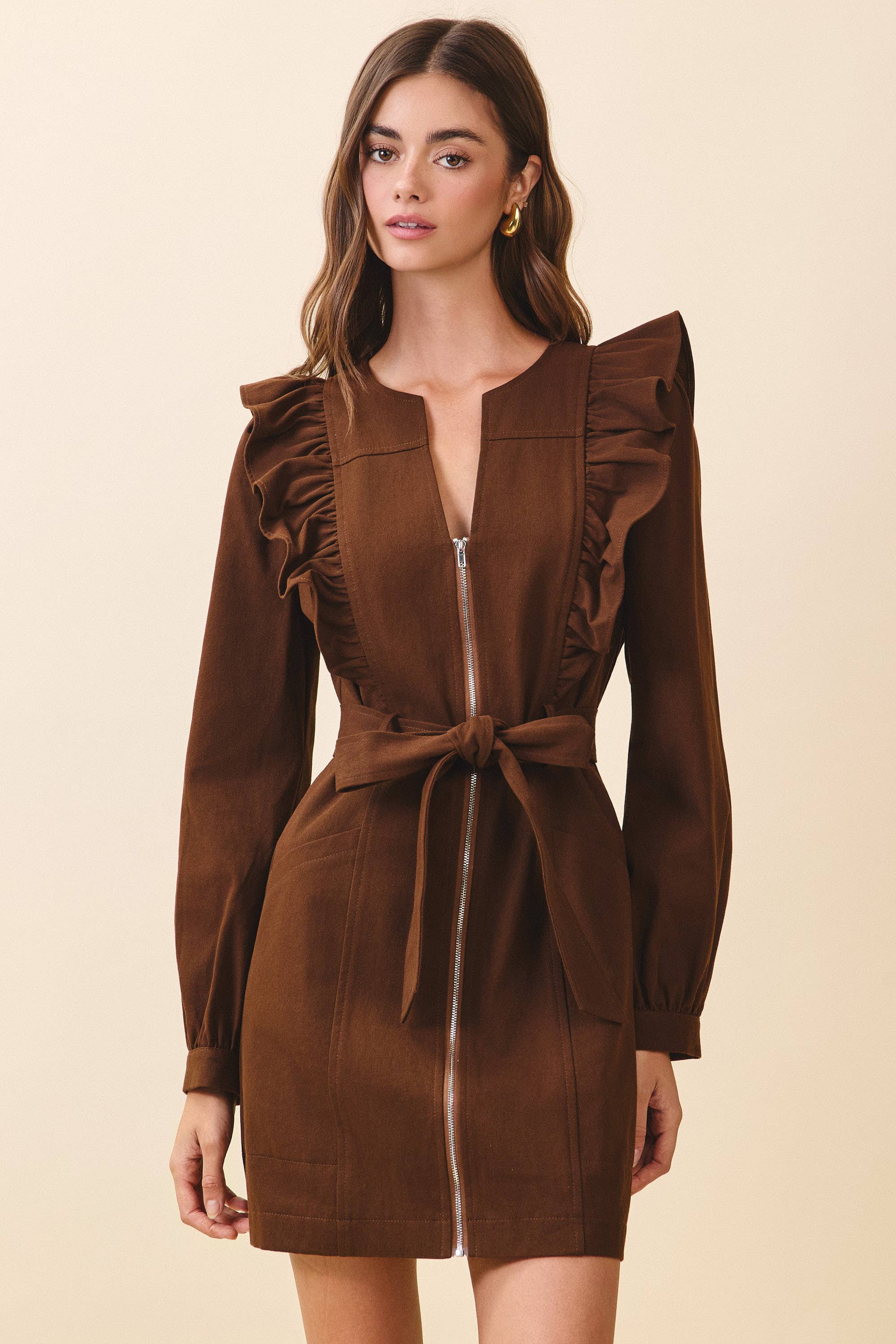 TCEC - Wholesale Dress - Women's - CD06185-Structured Front Zipper Closures Ruffle Trim Dress5