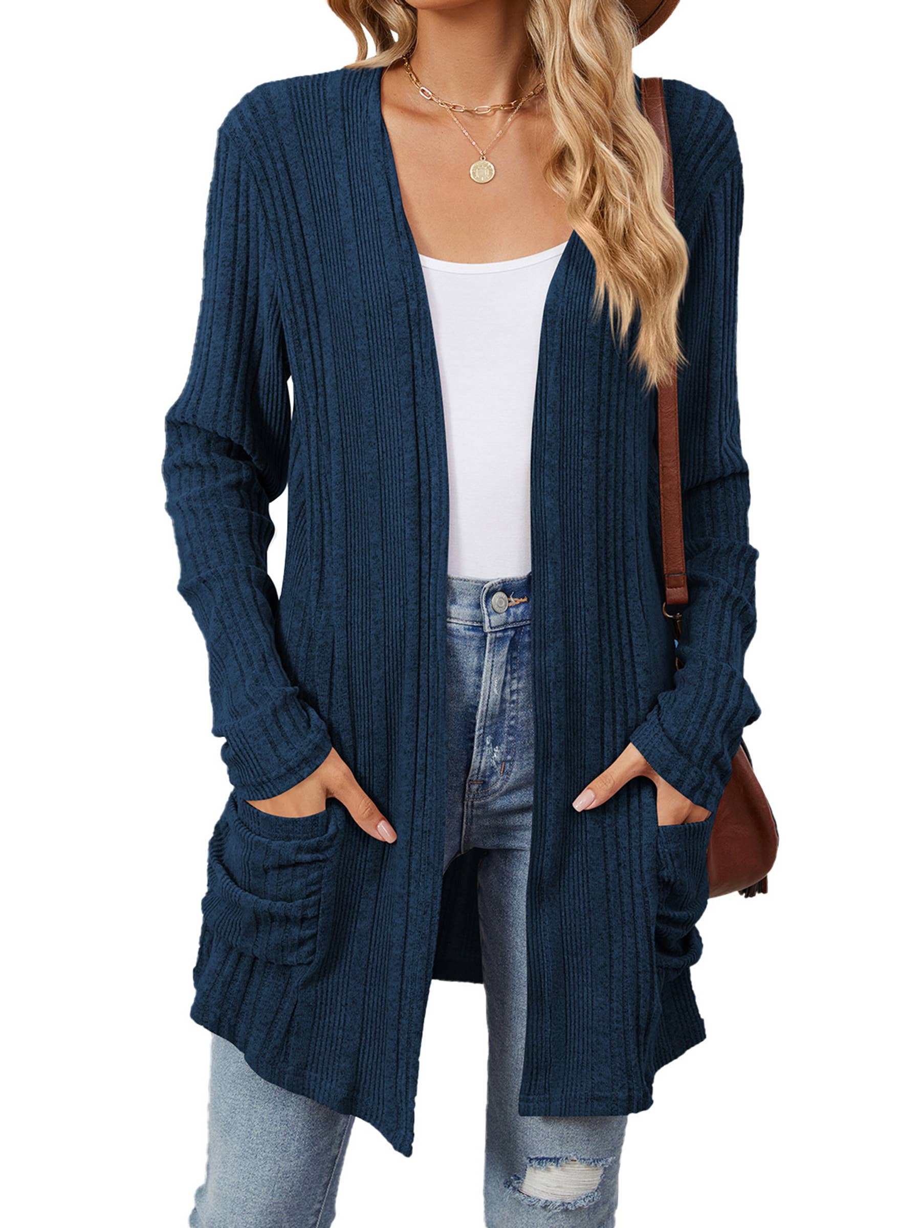 Wholesalesir - Wholesale Cardigan - Women's - Solid Color Pit Stripe Matte Pocket Long Sleeved Top2