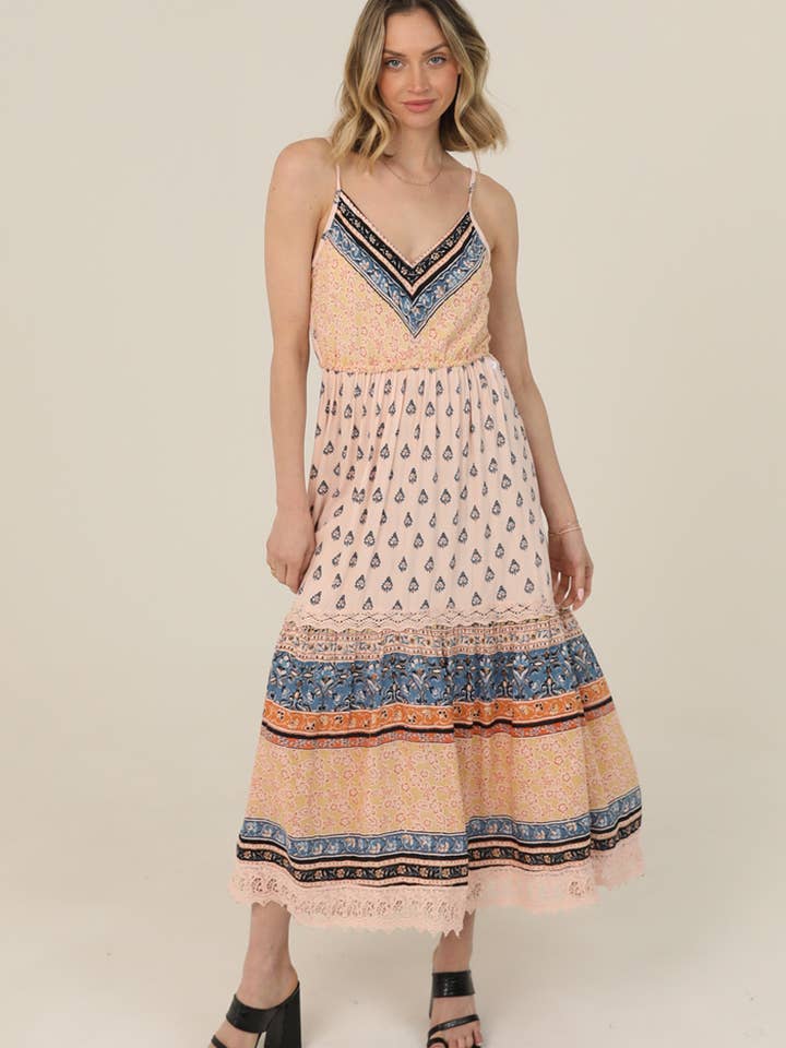 C4G99-A957 V NECK SMOCKED BODICE MAXI DRESS for wholesale by ANGIE