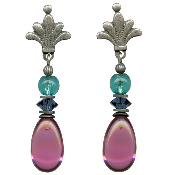 RAINDROPS 99 POST EARRINGS - PINK GLASS DROPS, TEAL, INDIGO for wholesale by Owen Glass Collection