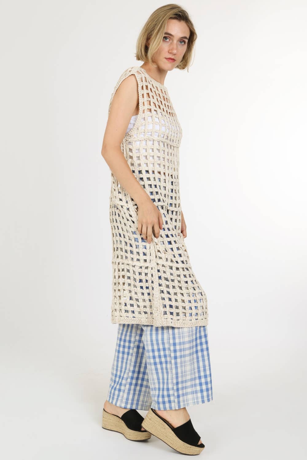 NATURAL Hollow Out Net Cable Knit Sleeveless Midi Dress QM3032 for wholesale on Faire5