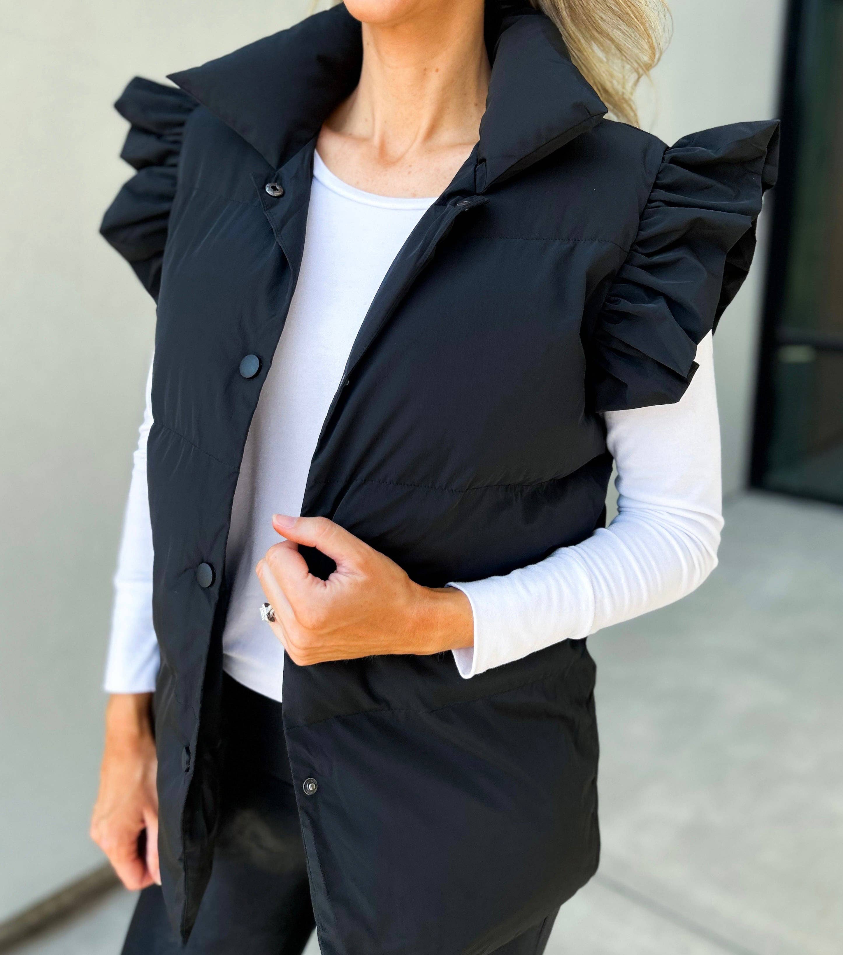 Rosa Clothing - Wholesale Outerwear Vest - Women's - Double Slip Pockets And Ruffled Sleeve Vest1