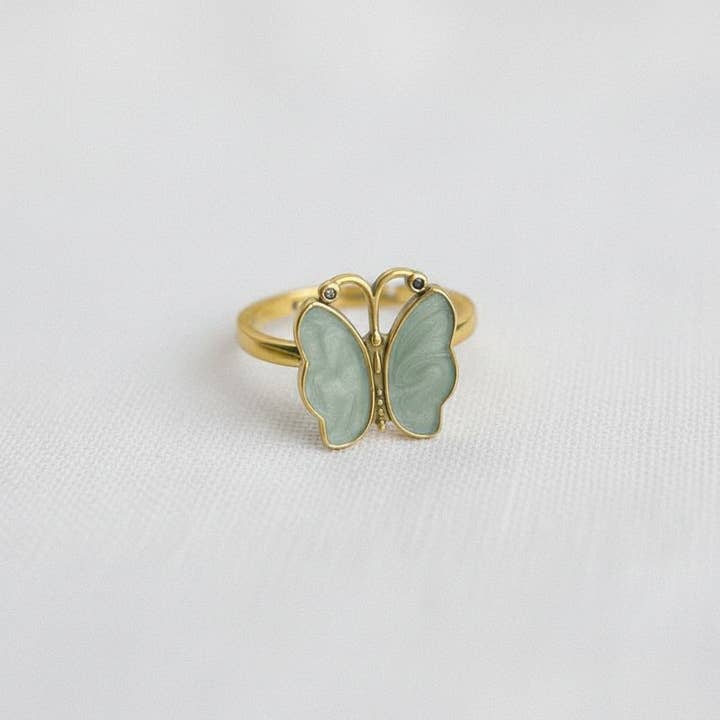 Vintage Gold Tone Butterfly Enamel Adjustable Ring for wholesale by Ellemadera
