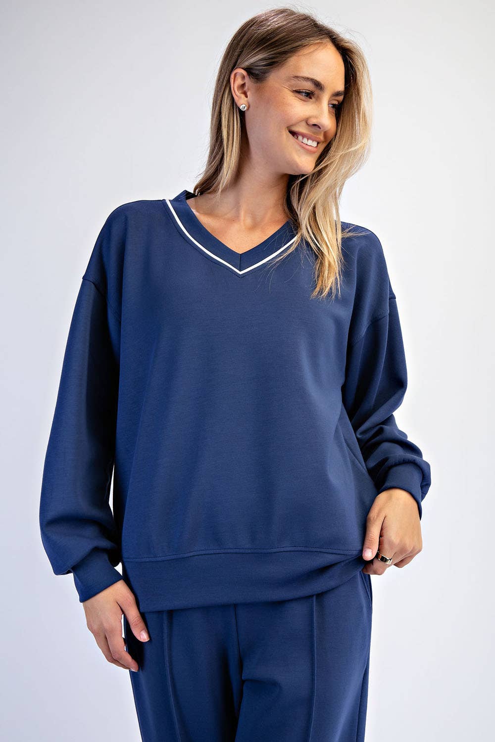 Rae Mode - Wholesale Lounge Top - Women's - MODAL SCUBA V NECK PIPING TOP16