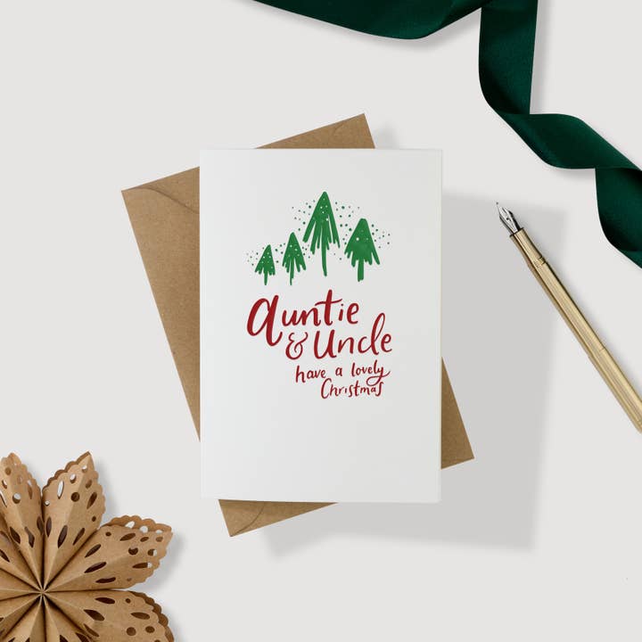 Auntie & Uncle Letterpress kerstkaart voor wholesale door Hunter Paper Co.