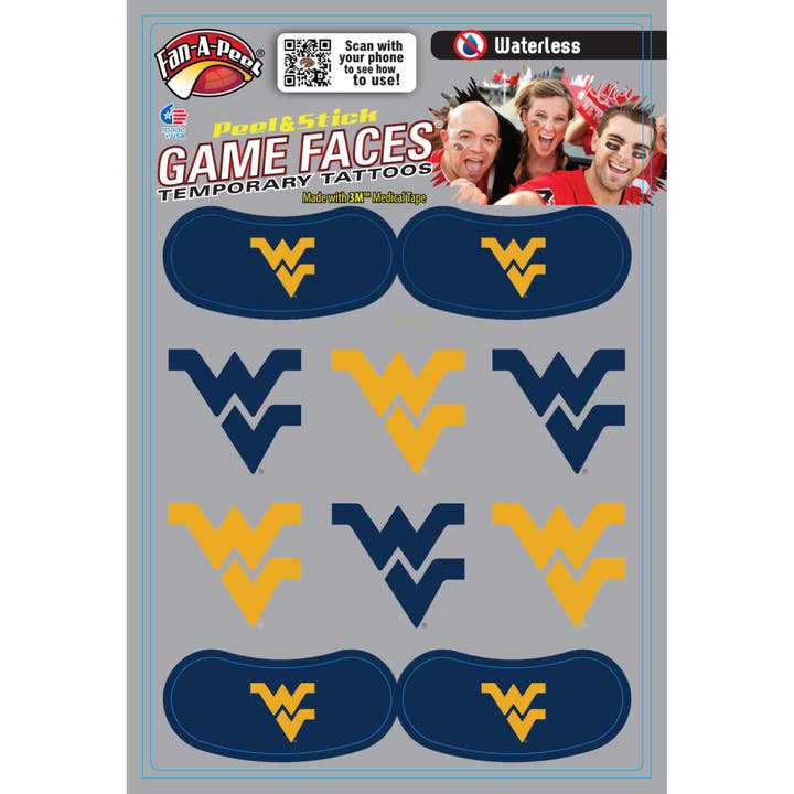 West Virginia Game Faces® Temporary Tattoos for wholesale by Fanapeel / Gamefaces