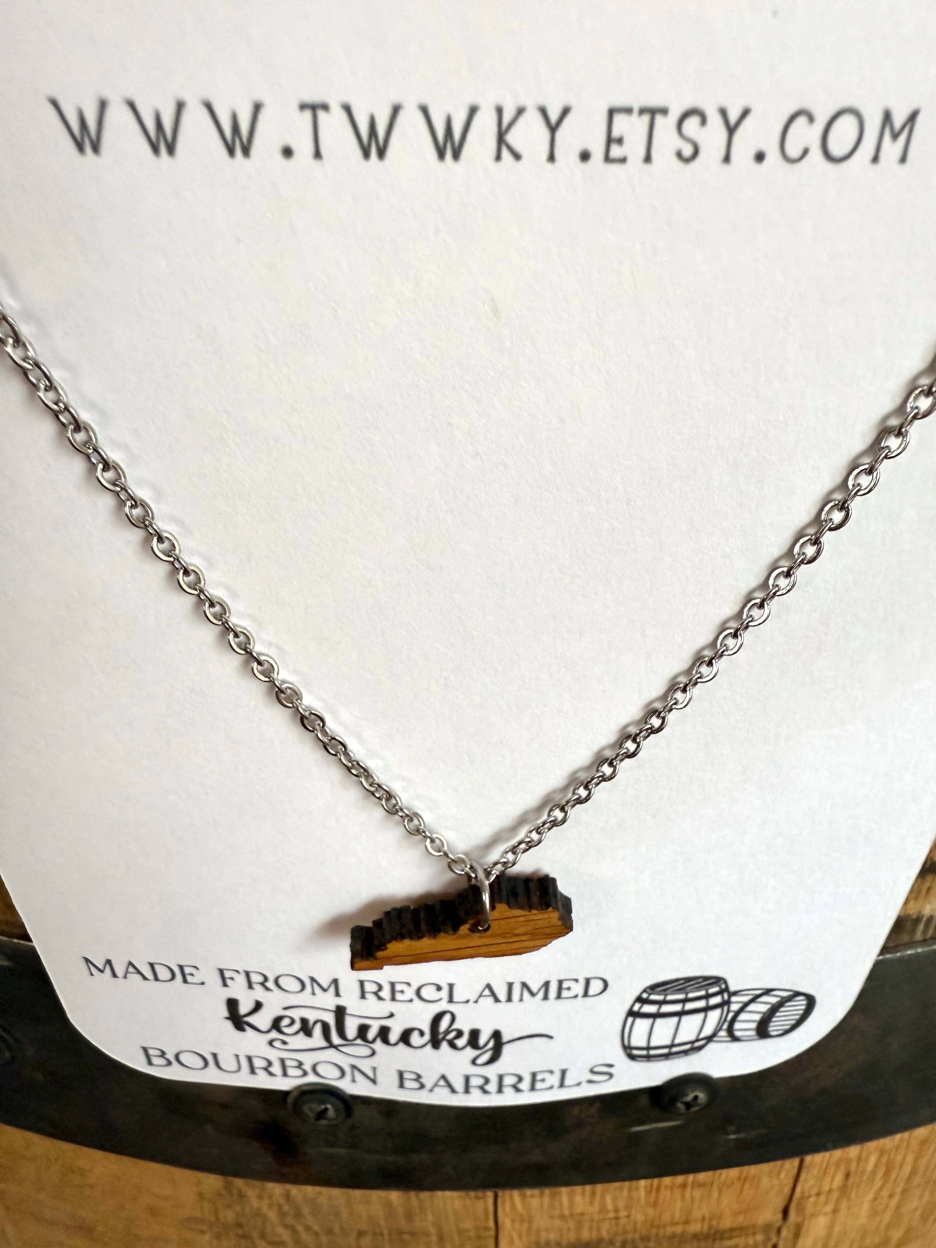 Brown Wood Kentucky Necklace made from Kentucky Bourbon Barrels. for wholesale on Faire8