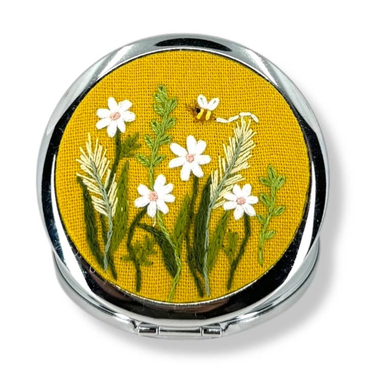 Sunny Daisy Hand Embroidery Compact Container for wholesale by Rumoon Handmade