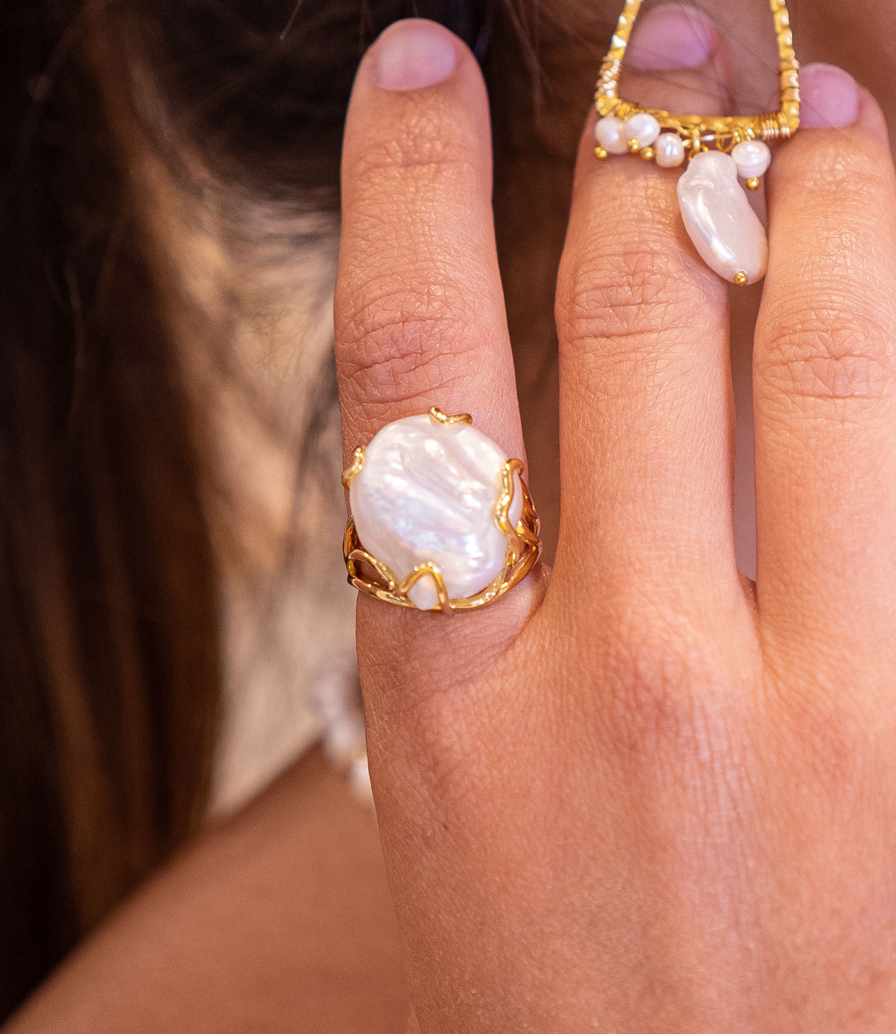 PHOEBE´S - Wholesale Cocktail/Statement Ring - Open Ring with Baroque Pearl – 18K Gold Plated1