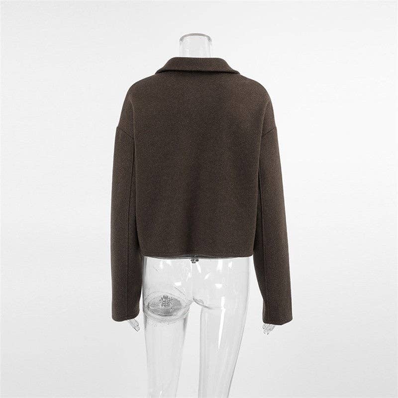 Brown Solid Color Notched Collar Thick Wool Jacket for wholesale on Faire8