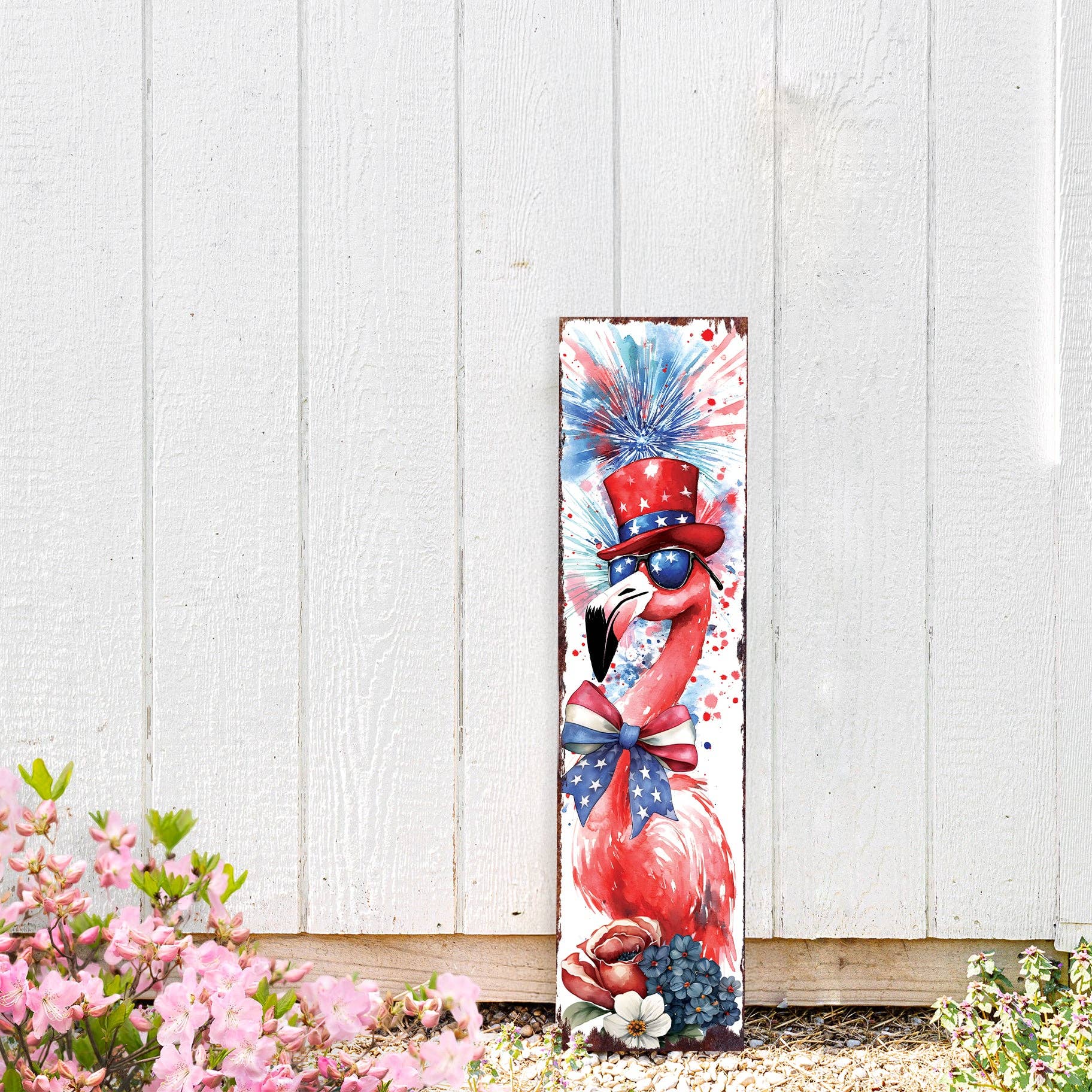 TX USA Corporation - Wholesale Outdoor Sign - Whimsical 4th of July Porch Sign - Patriotic Flamingo & Fireworks Decor3