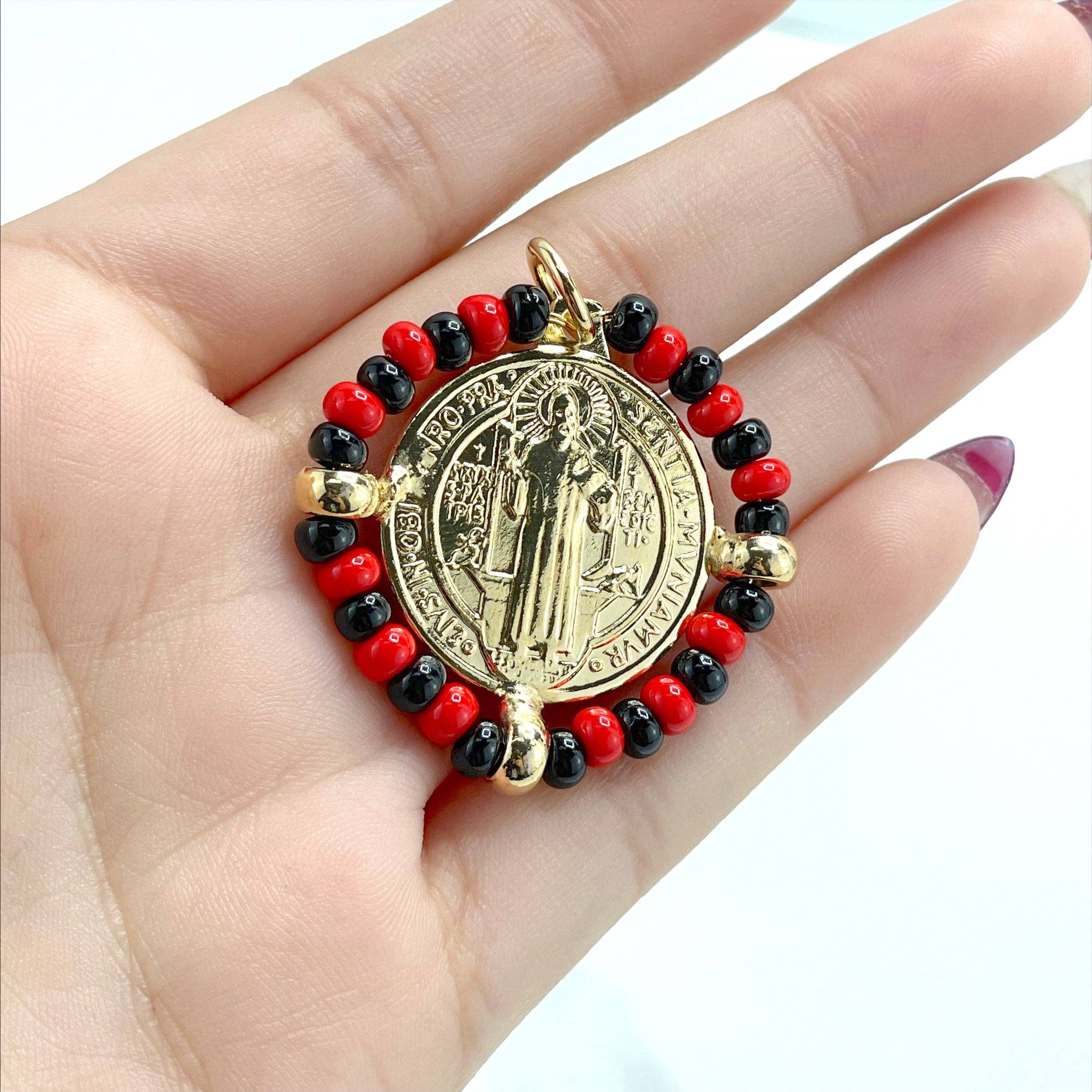 DIJU Jewelry - Wholesale  - 18k Gold Filled San Benito Coin, Black & Red Beads, 2 Sided Round Pendant Charms, Reversible San Benito, Wholesale Jewelry Making Supplies4