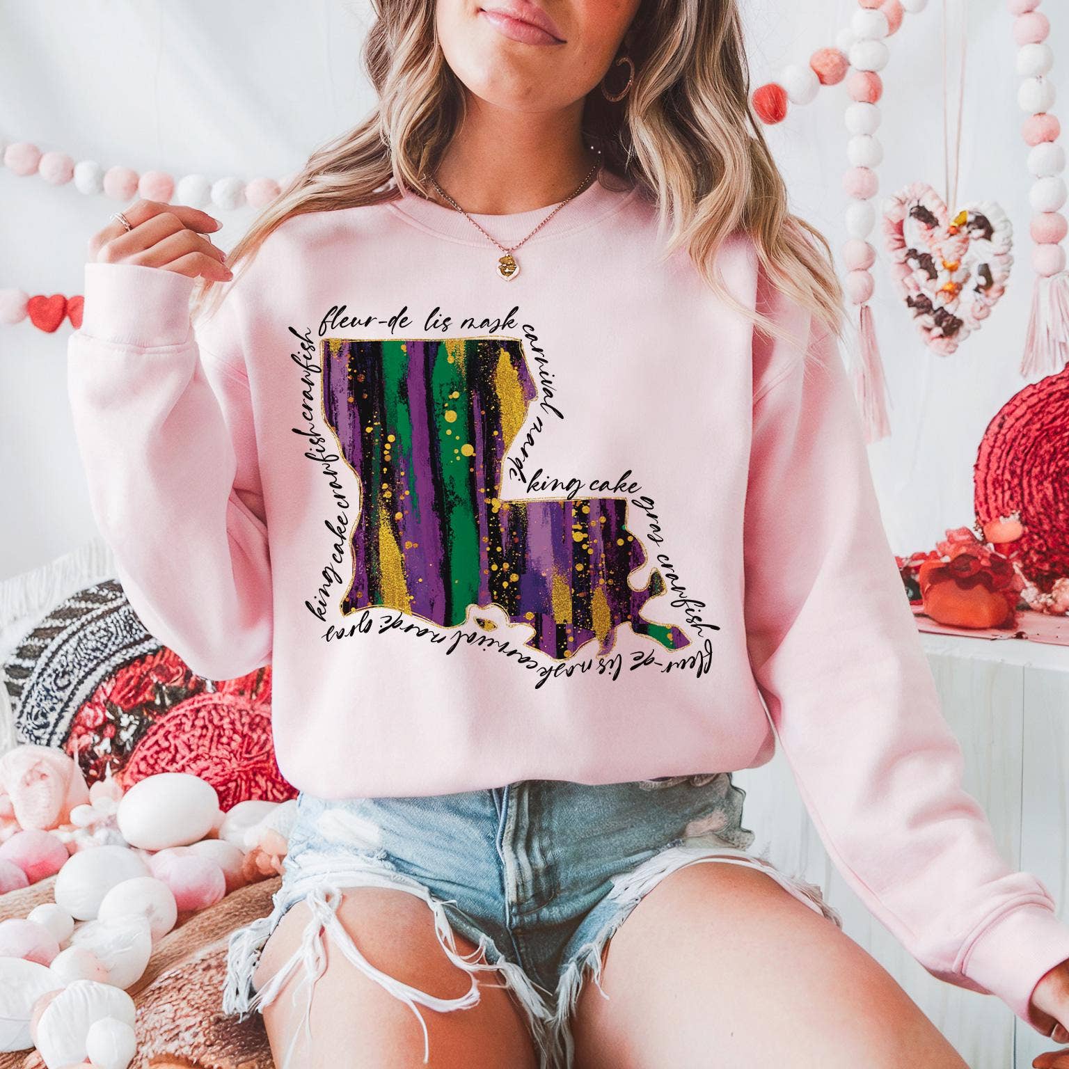 NVC Ecommerce LLC – wholesale T-shirt (graphic) – women's – Louisiana Mardi Gras Shirt, Mardi Gras Louisiana Map Sweater2