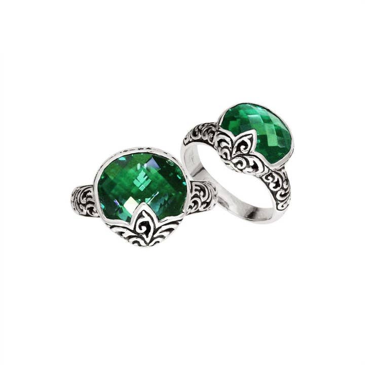 AR-6180-GQ Sterling Silver Pear Shape Green Quartz Ring with Balinese Swirl Design – Wholesale Handcrafted Statement Jewelry for wholesale by Bali Designs