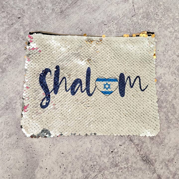 Salt and Sparkle - Wholesale Pouch - Women's - Shalom Israel Heart Flag Sequined Pouch