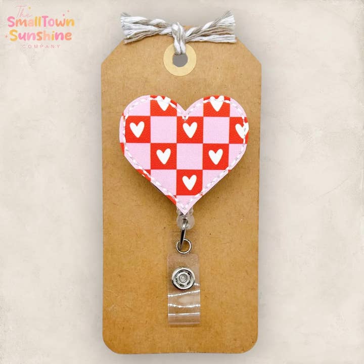 Pink & Red Checkered Heart Badge Reel for wholesale by The SmallTownSunshine Company