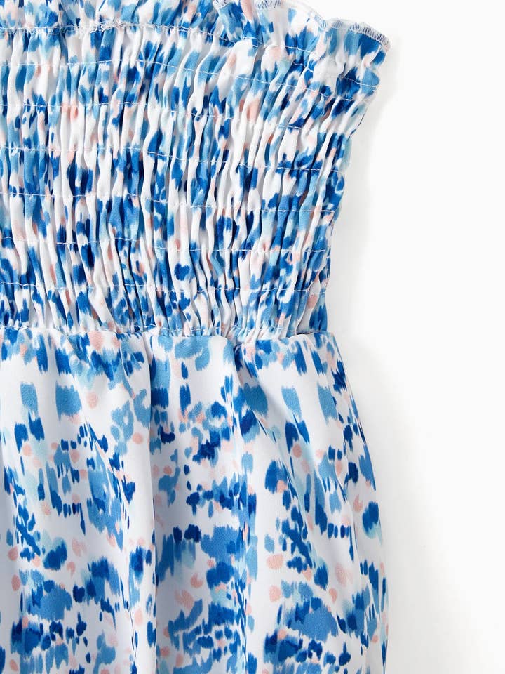 Baby Girl Blue Floral Ruffle Hem Strap Romper for wholesale on Faire