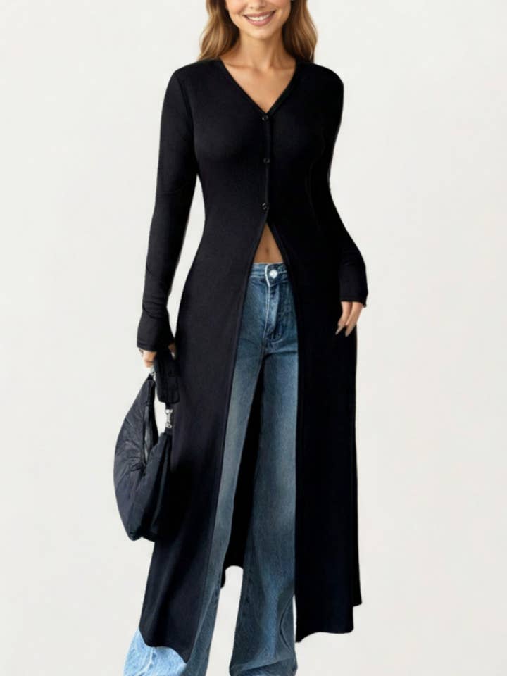 Long Sleeve Maxi Cardigan with Button Front and Deep Side Sl for wholesale by Anna Kaci Wholesale