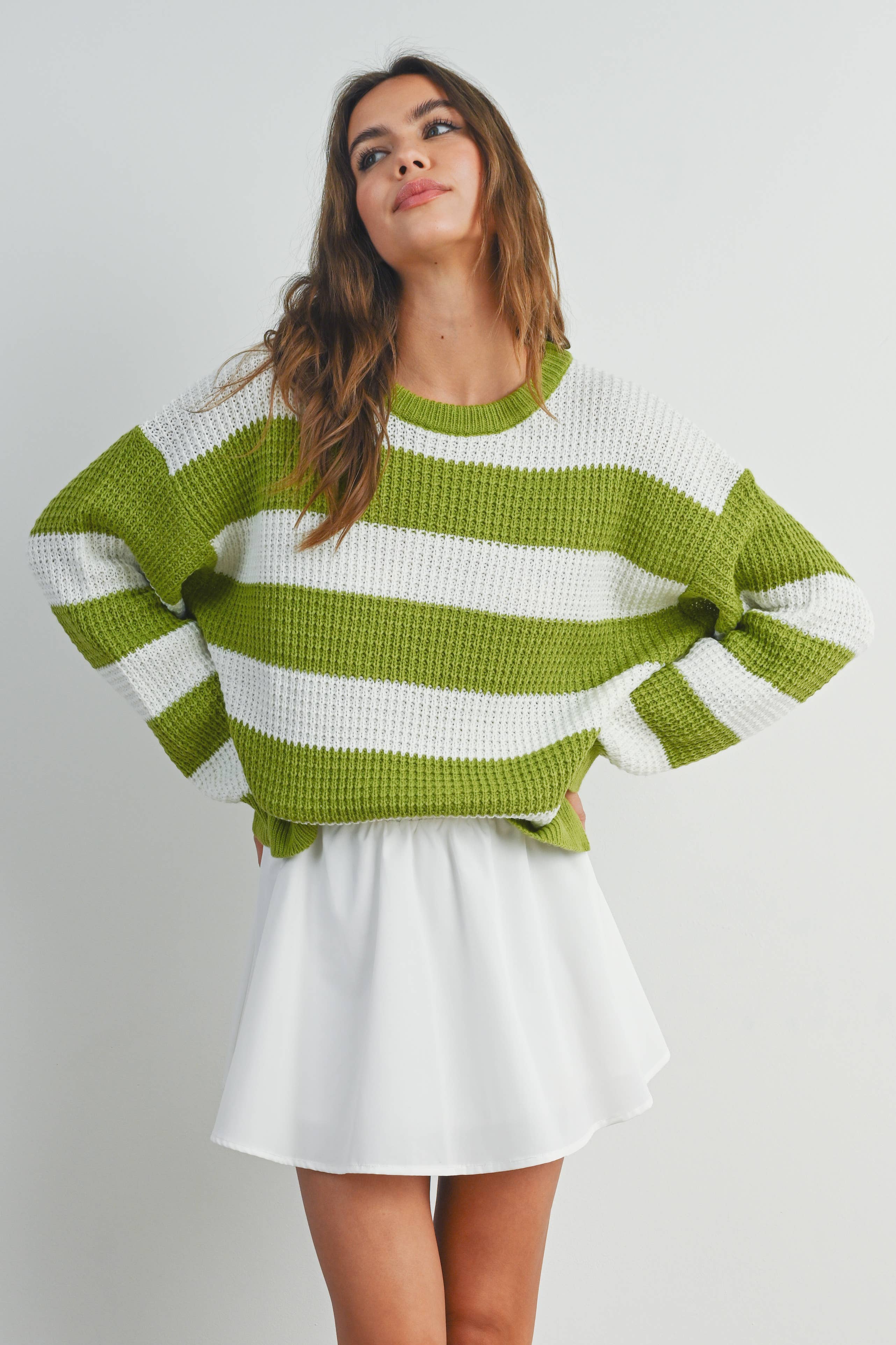 BUTTERMELON - Wholesale Knit Sweater - Women's - Striped Round Neck Long Sleeve Sweater - BMW732913