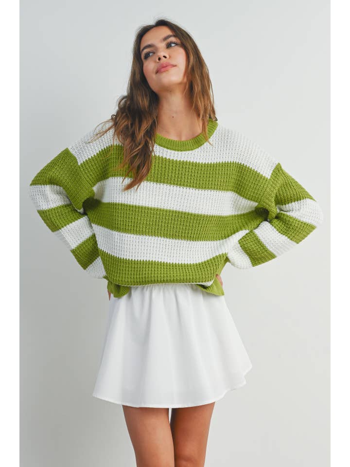BUTTERMELON - Wholesale Knit Sweater - Women's - Striped Round Neck Long Sleeve Sweater - BMW732913