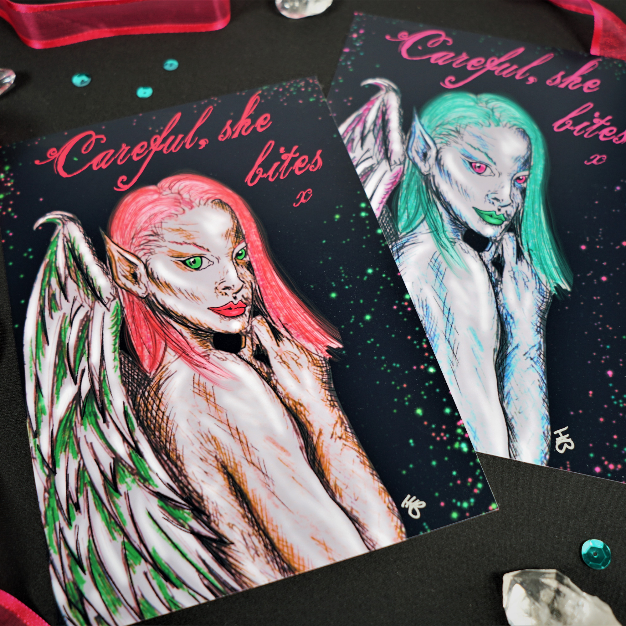 Hannah Kate Makes - Wholesale Art Print - Dark Angel Art Print - Careful She Bites - A5/A4  Pink/Green13