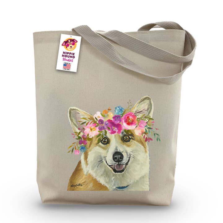 Bright Blooms Corgi Tote taske, Corgi hund mulepose for engroshandel hos Hippie Hound Studios