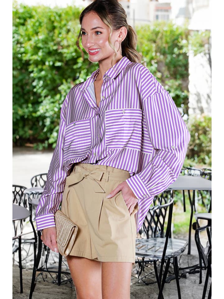 Vine & Love - Wholesale Button Down Shirt - Women's - Collar Neckline Pocket Detail Striped Satin Shirt VT8131412