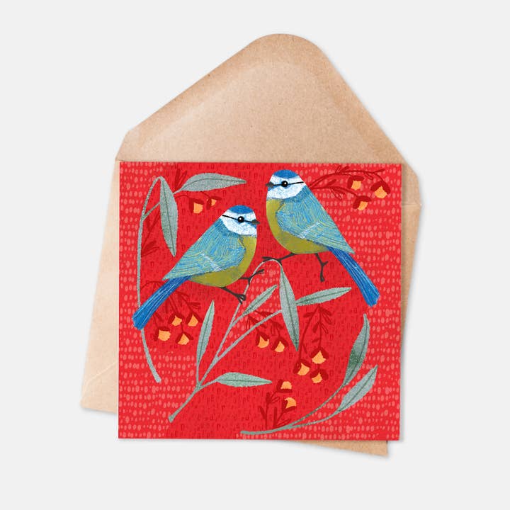 Eurasian blue tits - Everyday Illustrated Nature Card-Red for wholesale by Ilana Ewing Designs