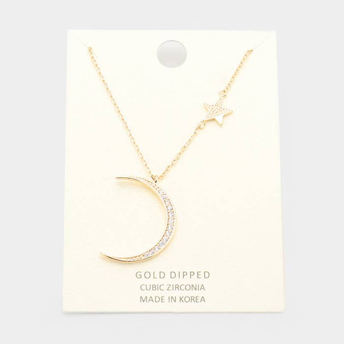 Sensibling Corp. - Wholesale Pendant/Charm Necklace - Gold Dipped Cubic Zirconia Moon Star Pendant Necklace0