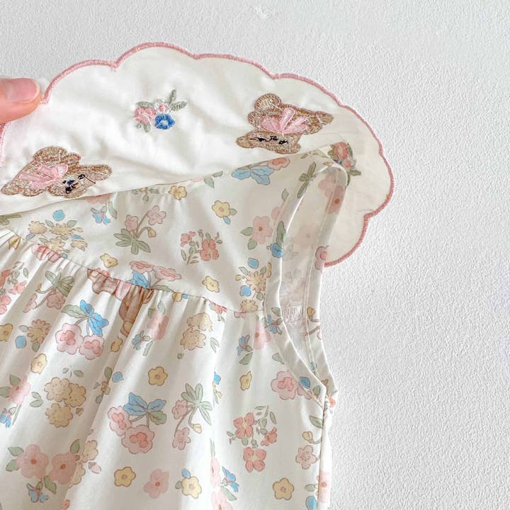 Beige Summer Arrival Baby Girls Cute Teddy and Flowers Pattern Sleeveless Onesies for wholesale on Faire
