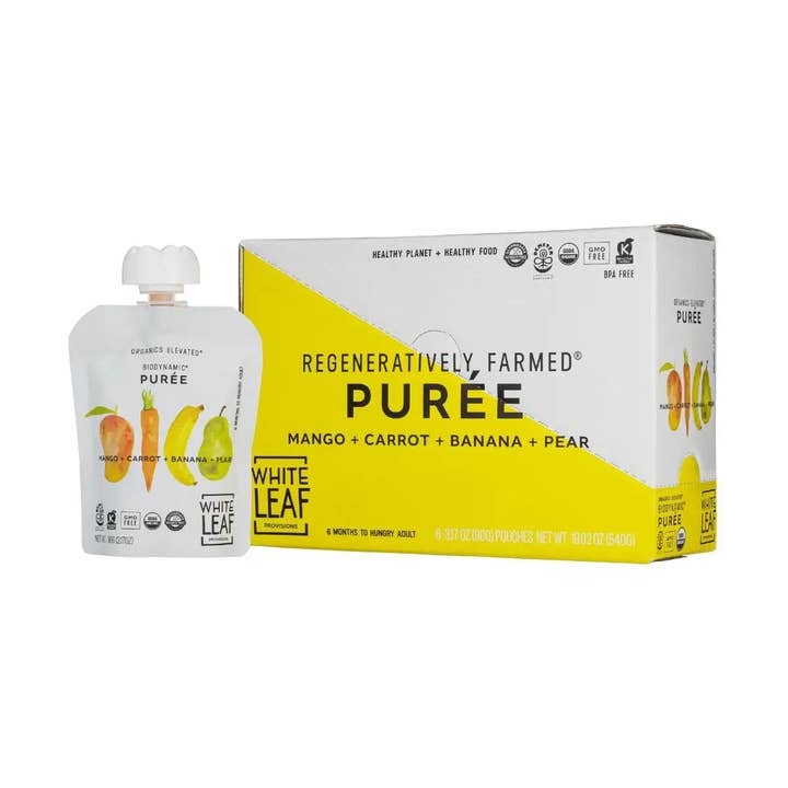 Organic Regenerative Mango + Carrot + Banana + Pear Puree for wholesale by White Leaf Provisions