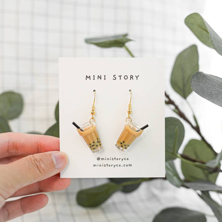 Mini Story Co - Wholesale Dangle Earrings - Bubble Tea Dangle Earrings | Miniature Boba Milk Tea Jewelry | 18k Gold Dangle Earrings | Miniature Food Earrings | Drink Earrings