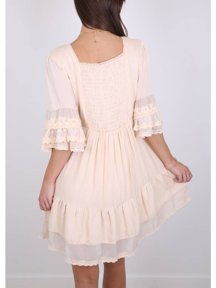 Anna Kaci Wholesale - Wholesale Dress - Women's - Boho Peasant Floral Lace Ruffle Hem Bell Sleeve Mini Dress
