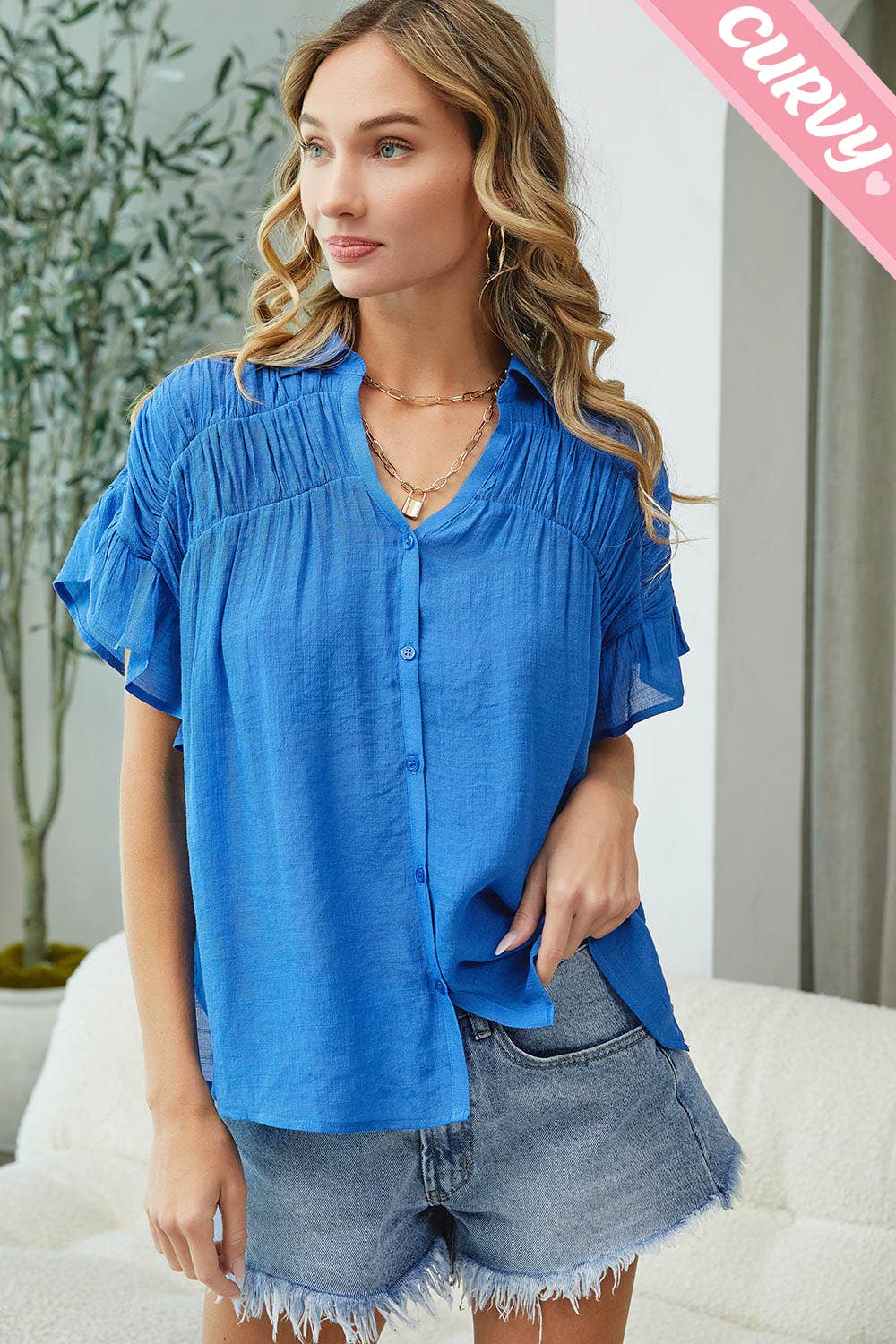 Sweet Lovely by Jen - Wholesale Button Down Shirt - Women's - PLUS SIZE CASUAL SHORT RUFFLE FLOWY SHIRT47