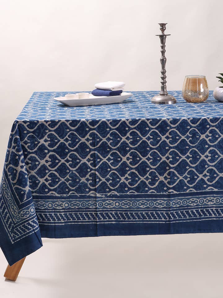 Indigo Blue Tablecloth - Hand Block Cotton Dining Tablecover for wholesale by Artsy Home