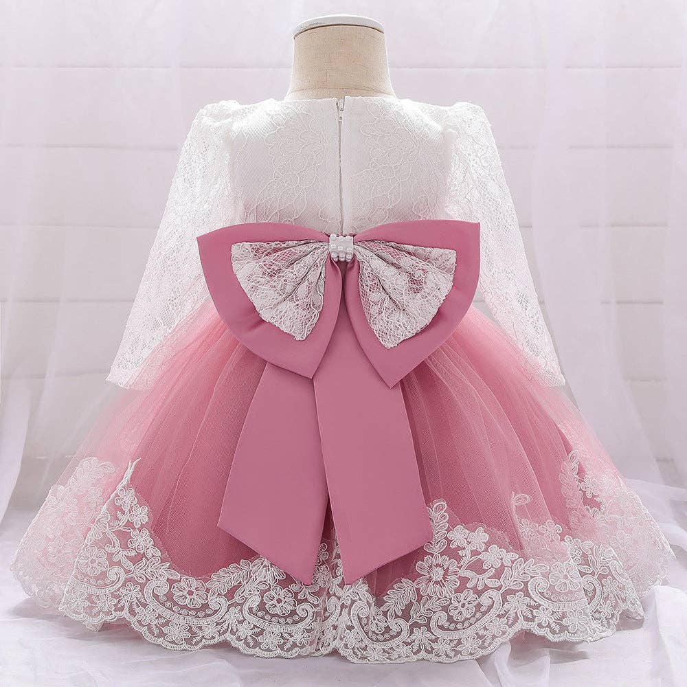 MyKids-USA® - Wholesale Dress - Baby - Baby Girl Bow Patched Design Long Sleeves Full Moon Christening Mesh Formal Dress8