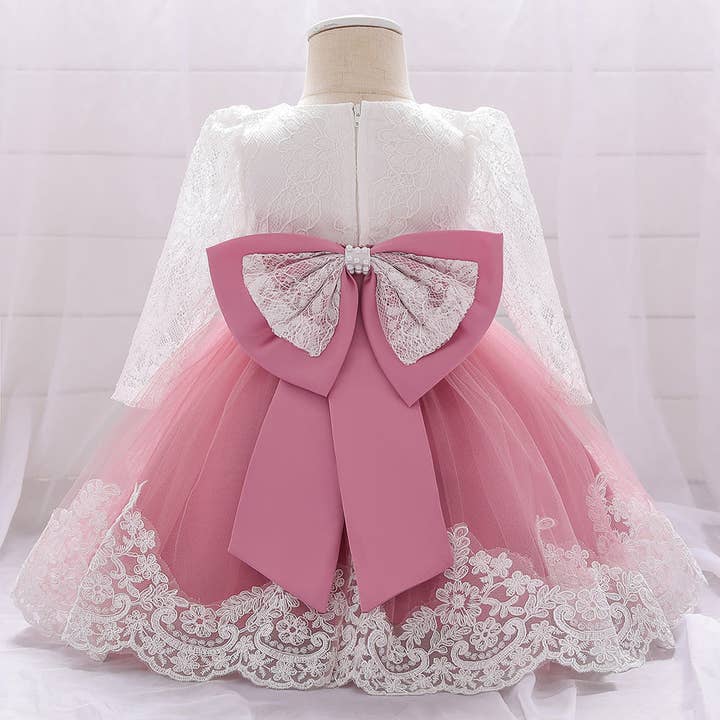MyKids-USA® - Wholesale Dress - Baby - Baby Girl Bow Patched Design Long Sleeves Full Moon Christening Mesh Formal Dress8