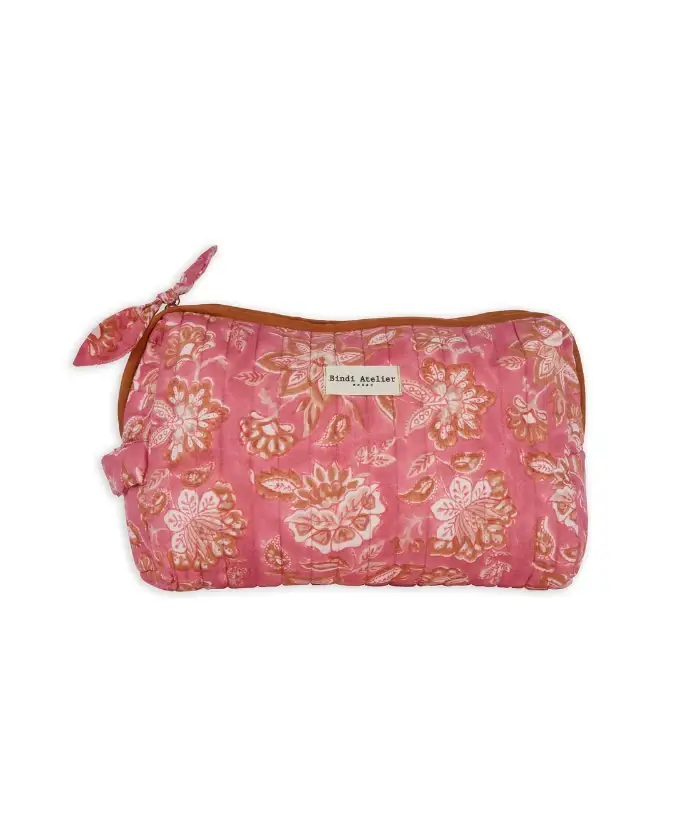 Bindi Atelier - Wholesale Toiletry Bag - Women's - Quilted cotton toiletry bag with block print - Matira Rosa0