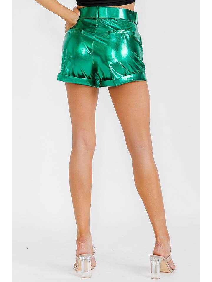 ROUSSEAU - Wholesale Shorts - Women's - BUTTON CLOSURE BELTED FRONT POCKETS METALLIC SHORT6