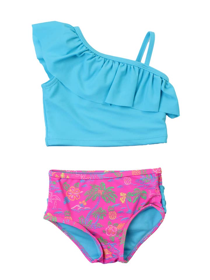 Conjunto de bañador de dos piezas con volantes traseros característicos y un solo hombro con volantes para niñas Neon Island Time. para venta al por mayor de RuffleButts + RuggedButts