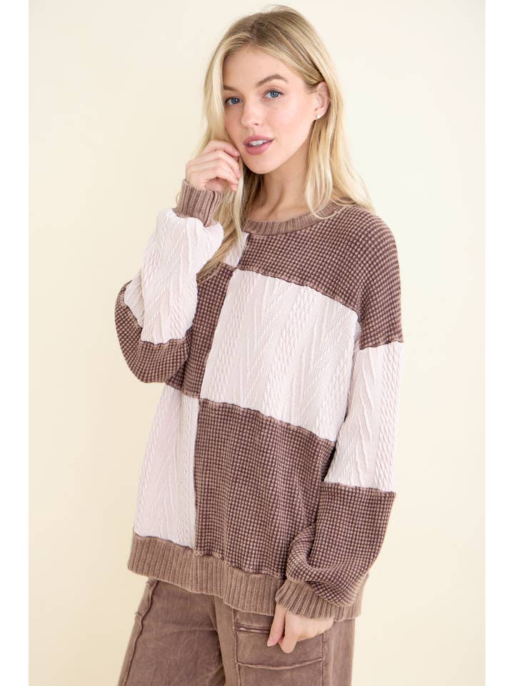 J.Her - Wholesale Knit Sweater - Women's - Mineral Washed Fall Winter Boho block Sweather Top HT67913