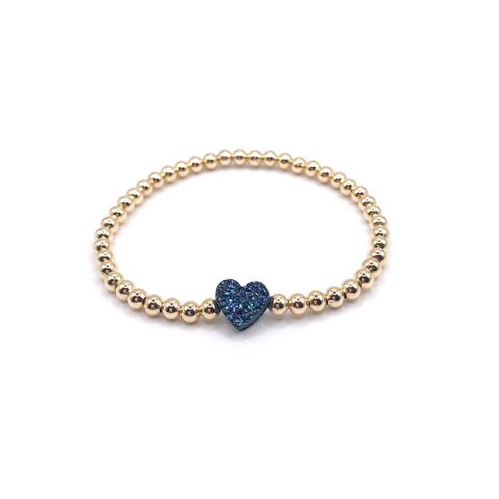 Kaylie Dawn Jewelry - Wholesale Beaded Bracelet - Druzy Heart Handmade Stretchy Gold Beaded Bracelet, 4 Colors1