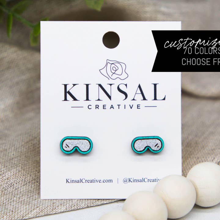 Ski Snowboard Goggles Customizable Wood Stud Earrings for wholesale by Kinsal Creative