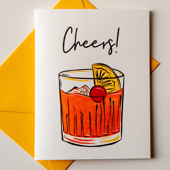 Cheers - Hand Illustrated Letterpress Card for wholesale by Bungalow 36