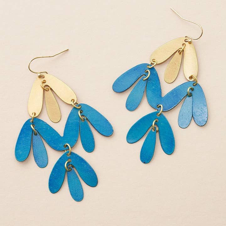 Matr Boomie Fair Trade - Wholesale Dangle Earrings - Chameli Chandelier Earrings - Teal Patina, Gold Petals