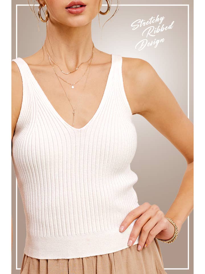 La Miel - Wholesale Knit Top - Women's - JAS3561-Soft Ribbed Knit V-neck Sleeveless Crop Top