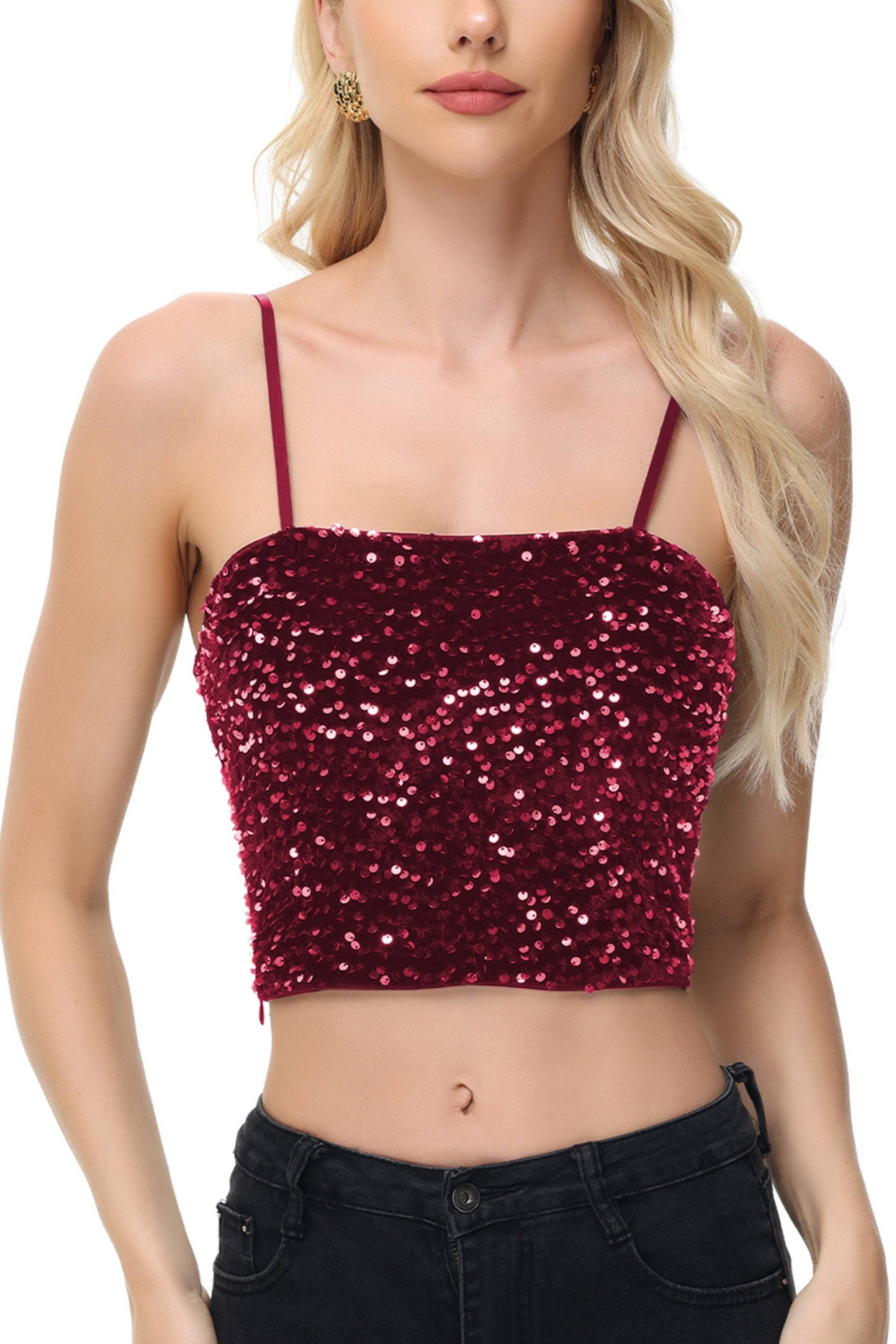 Anna Kaci Wholesale - Wholesale Camisole - Women's - Sparkly Sequin Cami Tops Crop Club Party Glitter Spaghetti13